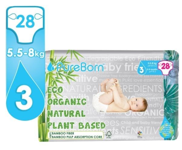 Pureborn, Organic bamboo diapers, No3, 28pcs