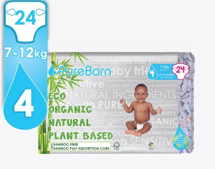 Pureborn, Organic bamboo diapers, No4, 24pcs