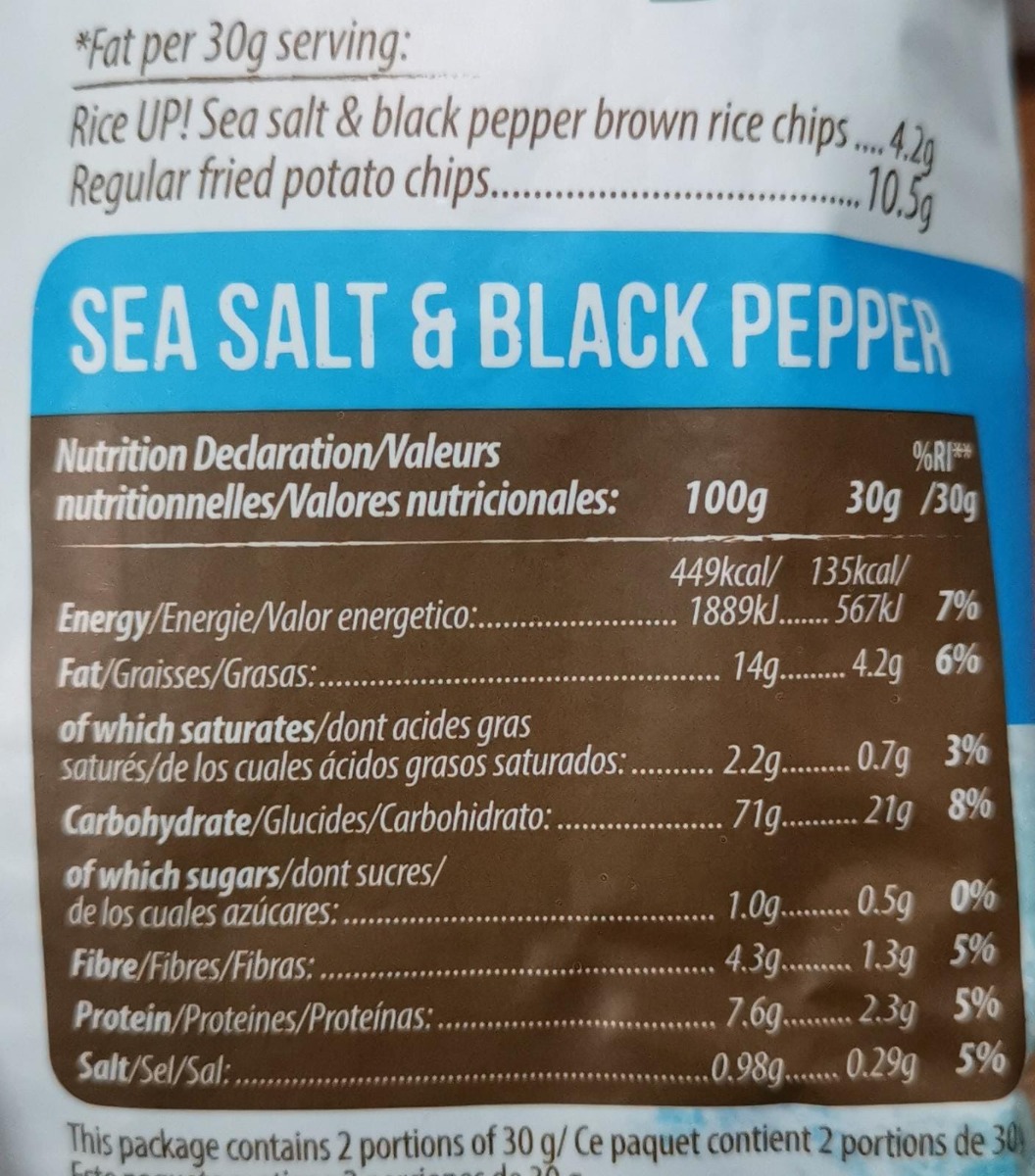 Riceup, Brown rice chips, Sea salt and black pepper, 60g