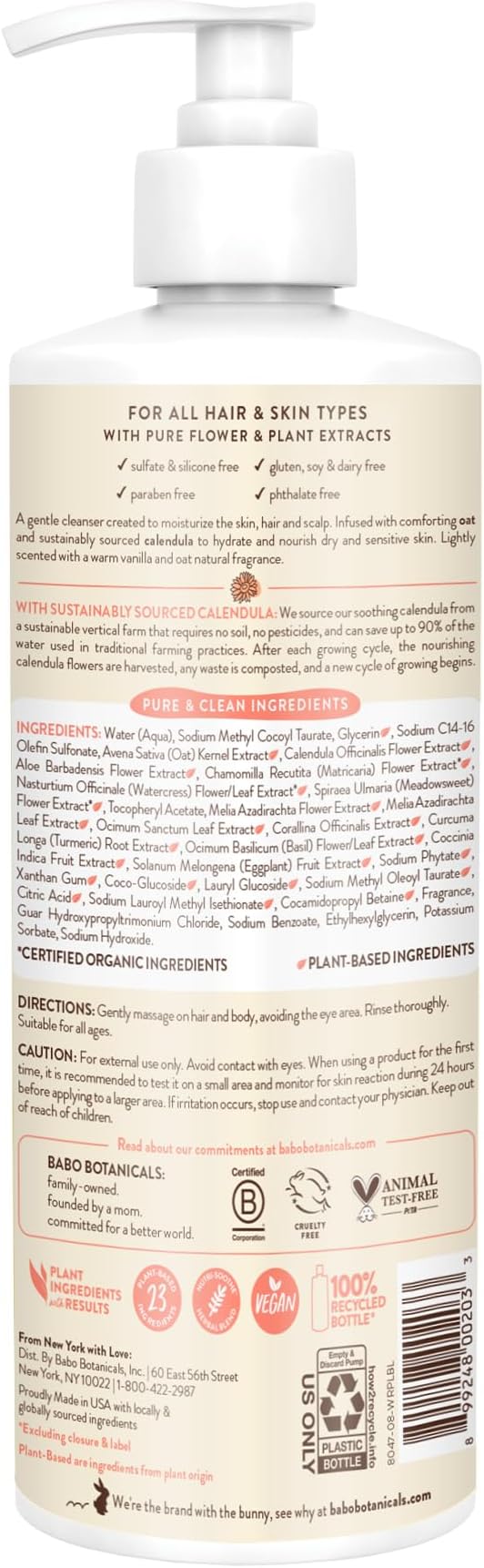 Babo Botanicals, Moisturizing Baby Shampoo & Wash, Oatmilk Calendula, 473 ml