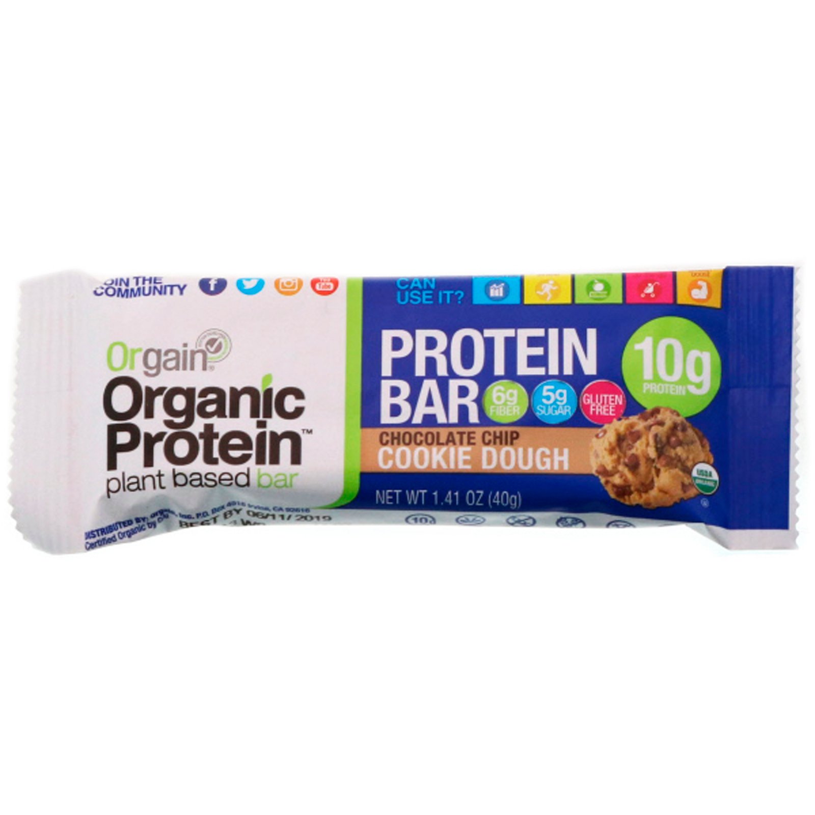 Orgain, Organic Plant-Based Protein Bar, Chocolate Chip Cookie Dough, 40 g