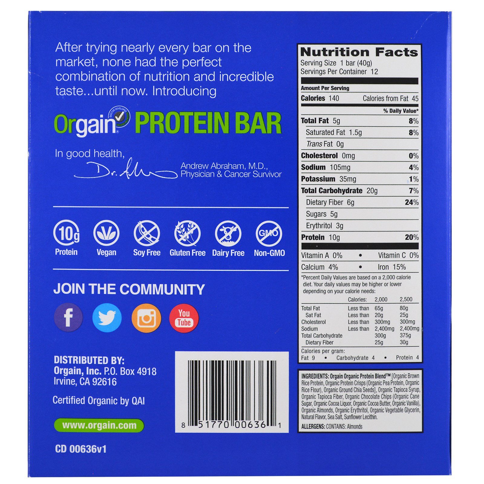 Orgain, Organic Plant-Based Protein Bar, Chocolate Chip Cookie Dough, 40 g
