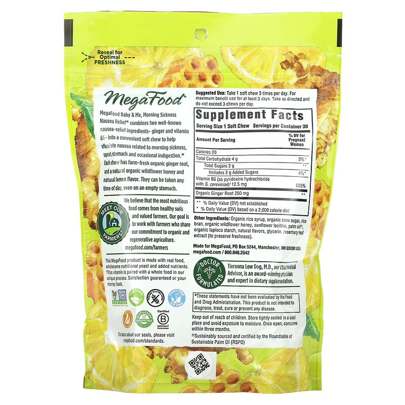MegaFood, Baby & Me 2, Morning Sickness Nausea Relief, Honey Lemon Ginger, 30  Soft Chews