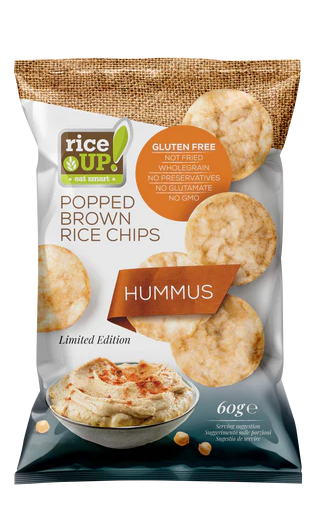 Riceup,Popped whole grain brown rice chips with hummus,60g