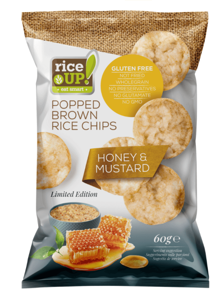 Riceup, Popped whole grain brown rice chips with honey and mustard,60g