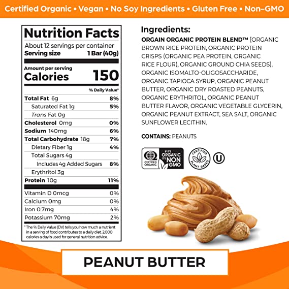 Orgain, Organic Plant-Based Protein Bar, Peanut Butter , 40 g